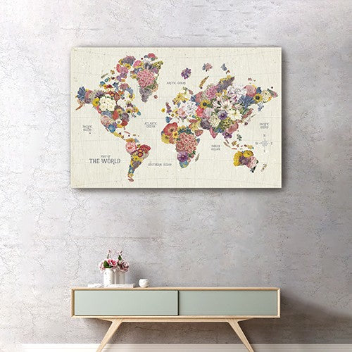 48" x 32" Fun Floral Map of the World Canvas Wall Art-1