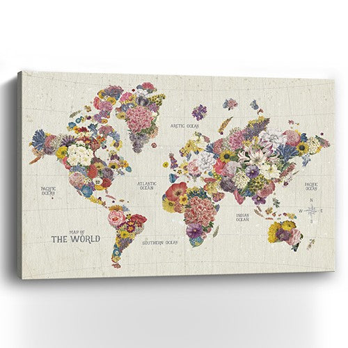48" x 32" Fun Floral Map of the World Canvas Wall Art-2