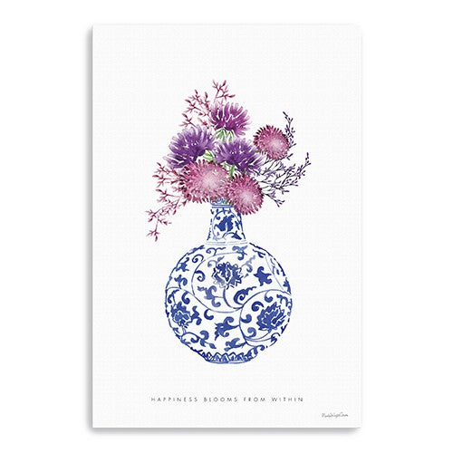 24" x 16" Blue and White Happiness Floral Vase Canvas Wall Art-0
