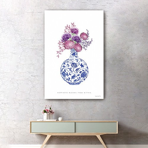 24" x 16" Blue and White Happiness Floral Vase Canvas Wall Art-1