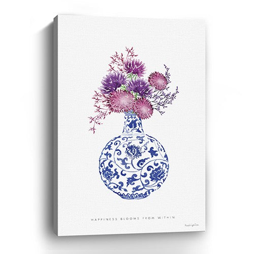 24" x 16" Blue and White Happiness Floral Vase Canvas Wall Art-2