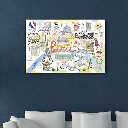 36" Fun Illustrated Paris Map Canvas Wall Art-1
