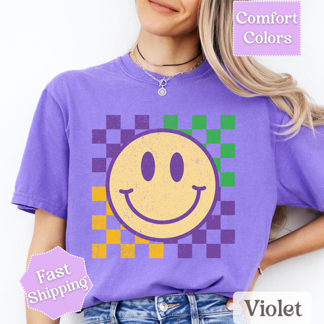 Retro Smile T-Shirt for Mardi Gras, Smiley Face Tee, Fat Tuesday Women&