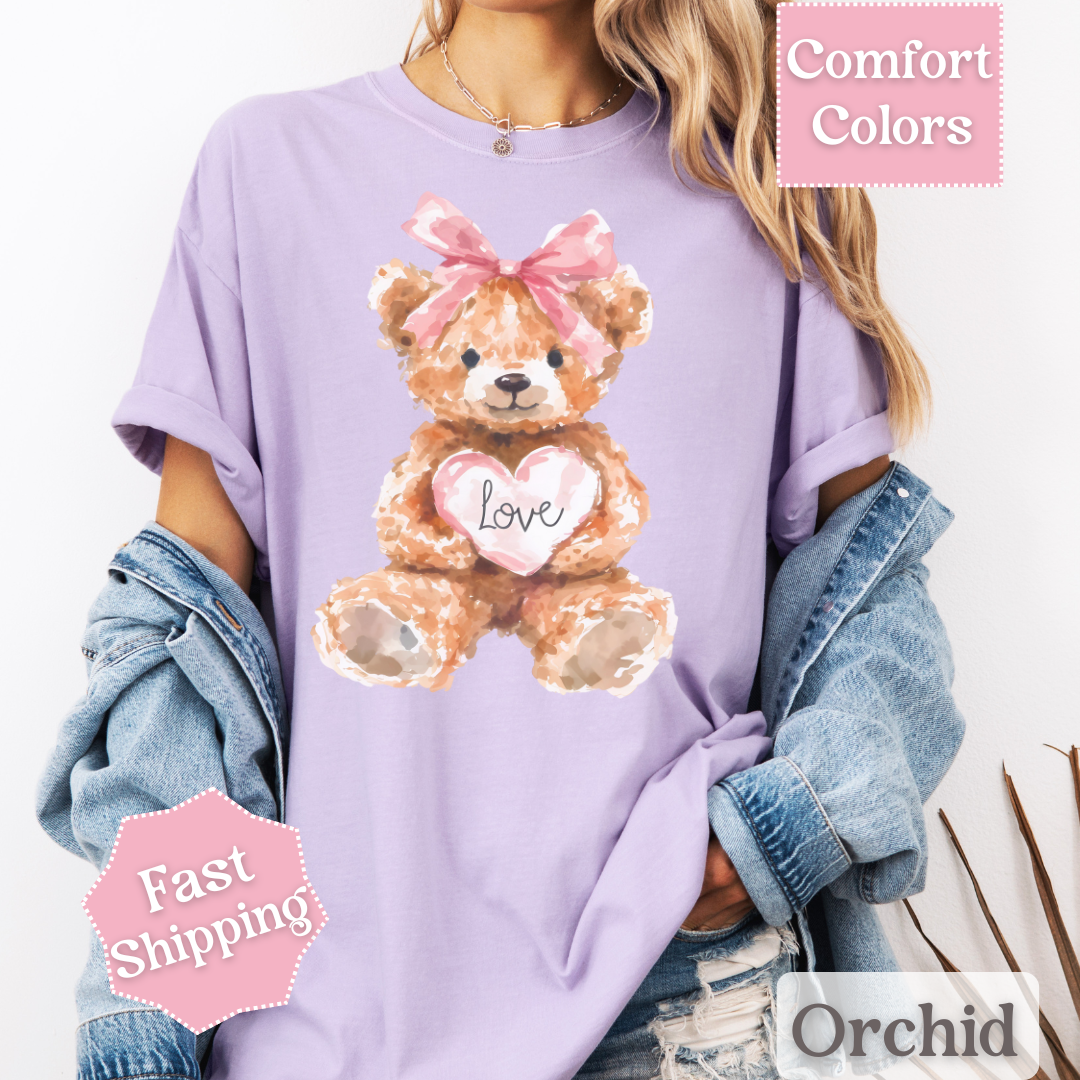 Adorable Teddy Bear T-Shirt with Coquette bow, Valentine&