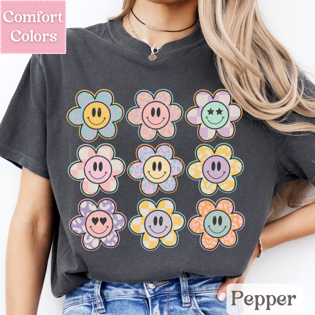 Smiley Face Tee with Daisies, Happy Face T-Shirt, Positive Smile Top
