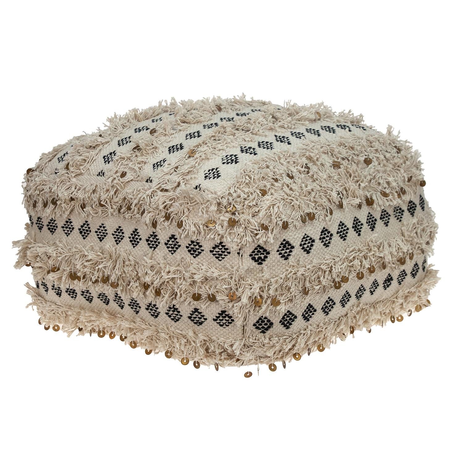 Boho Fringed Beige and Black Handwoven Pouff Ottoman-1