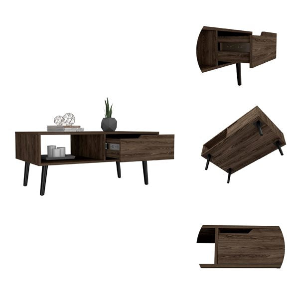 40" Dark Walnut Rectangular Coffee Table With Drawer And Shelf-3