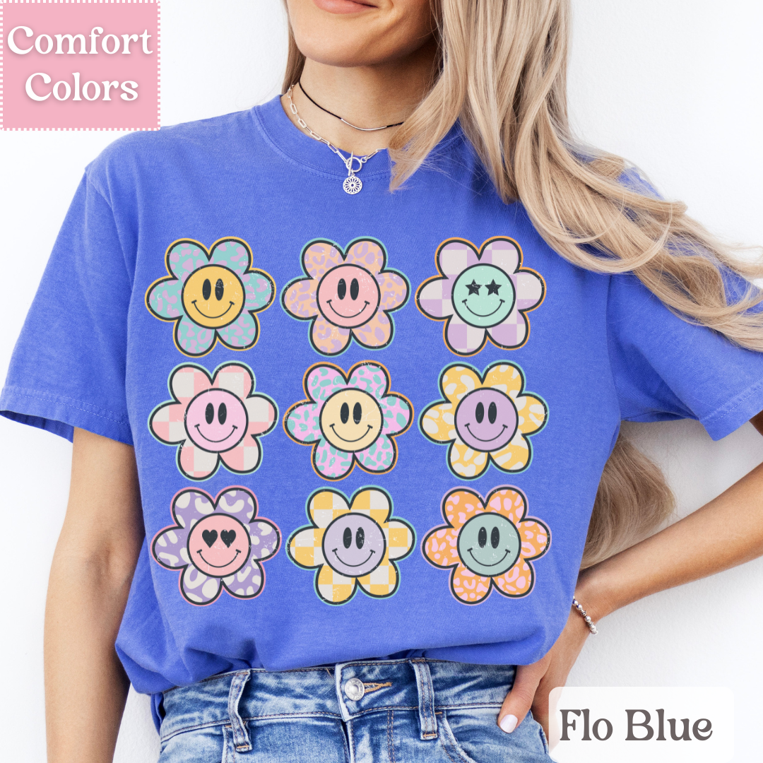 Smiley Face Tee with Daisies, Happy Face T-Shirt, Positive Smile Top