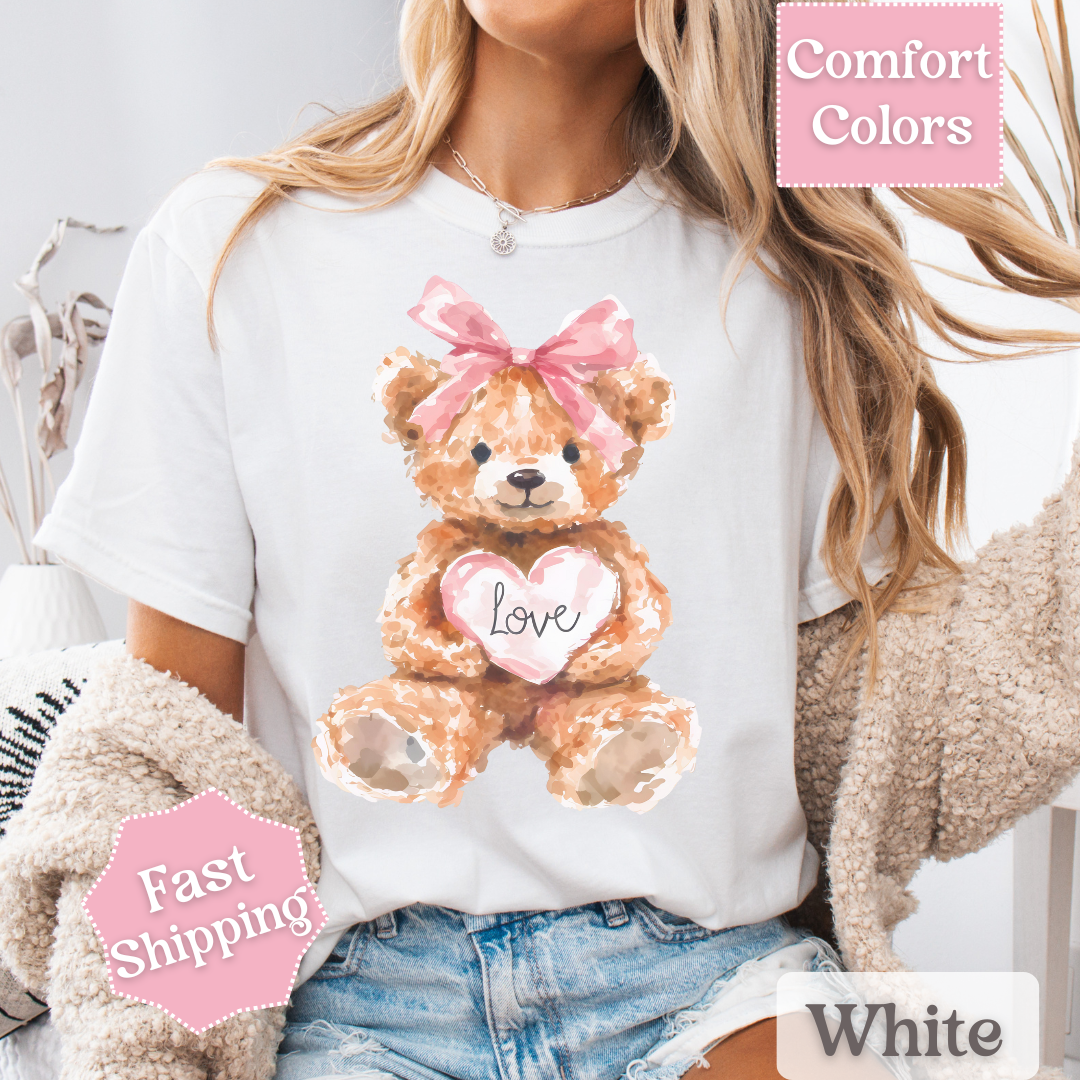 Adorable Teddy Bear T-Shirt with Coquette bow, Valentine&