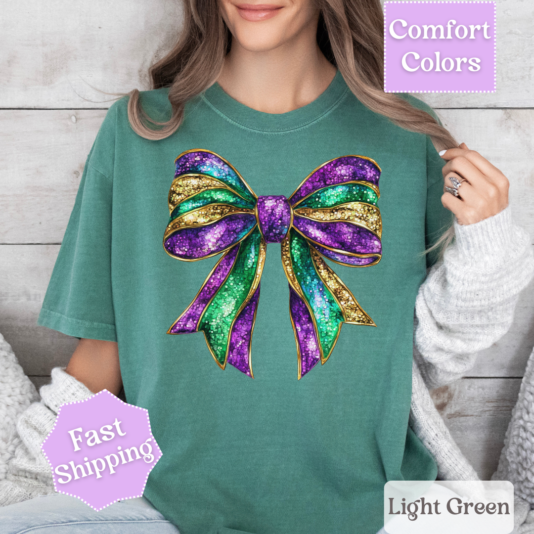 Sparkly Mardi Gras T-Shirt, Coquette Bow Mardi Gras Tee, Fat Tuesday Women&