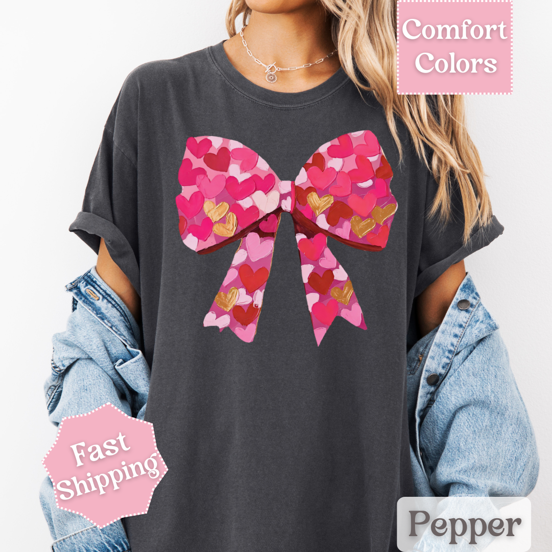 Heart Brush Stroke Coquette Bow T-shirt, Valentine&