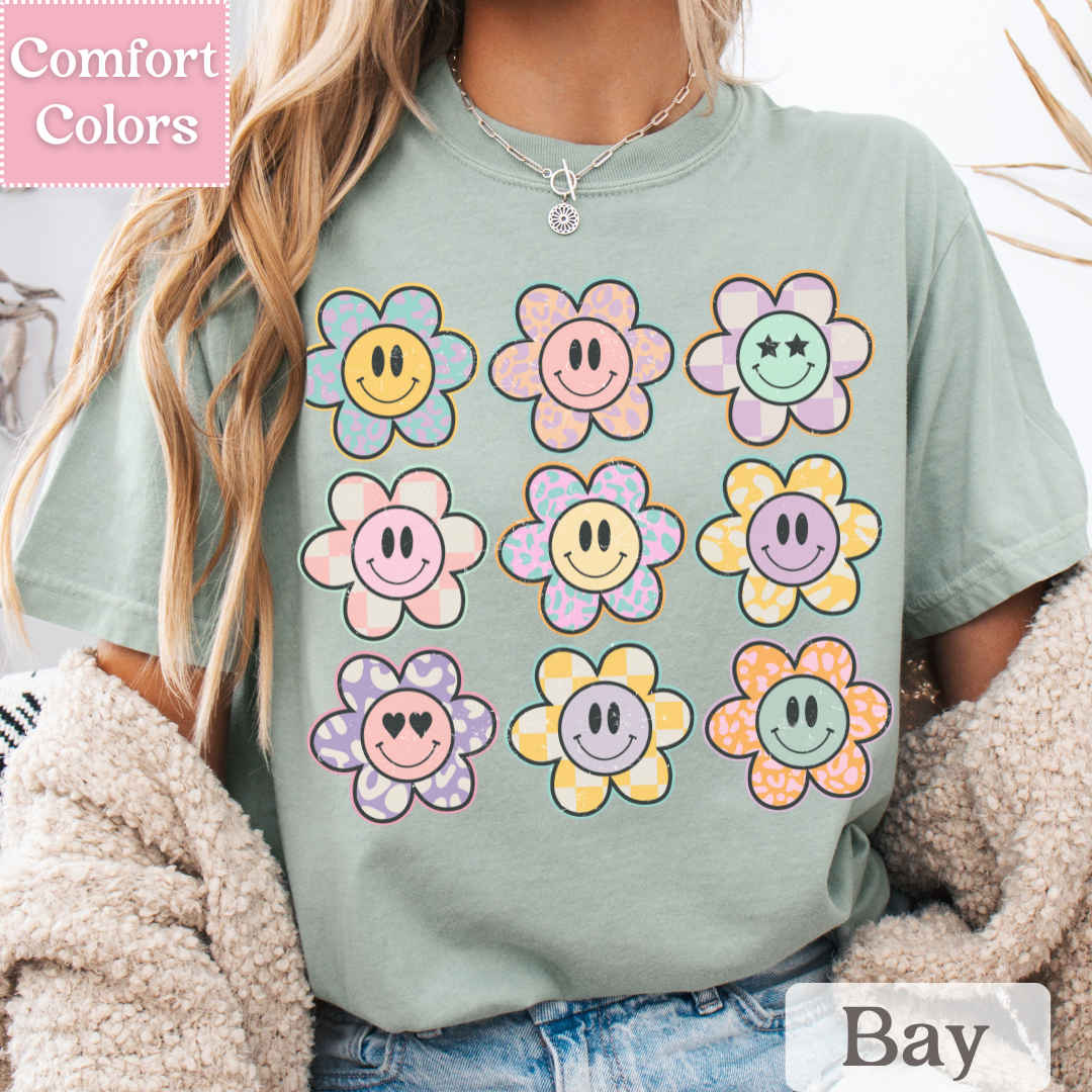 Smiley Face Tee with Daisies, Happy Face T-Shirt, Positive Smile Top