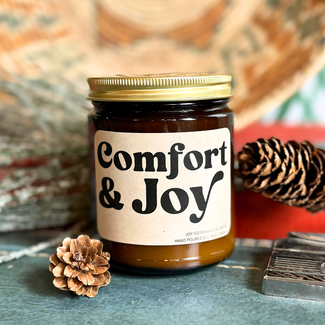 Comfort & Joy Candle, Groovy Christmas Collection, Christmas Scented Candle, Christmas Gifts, Holiday Decor, 100% Soy Wax 9 oz Candle, 50 Hour Burn Time, Recyclable Amber Glass Jar, Made in the USA