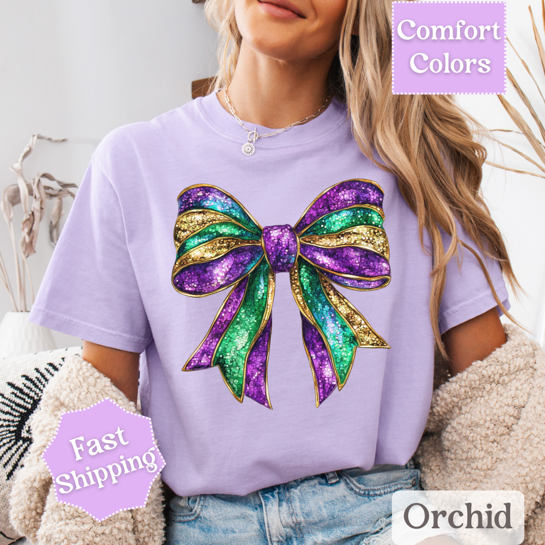 Sparkly Mardi Gras T-Shirt, Coquette Bow Mardi Gras Tee, Fat Tuesday Women&
