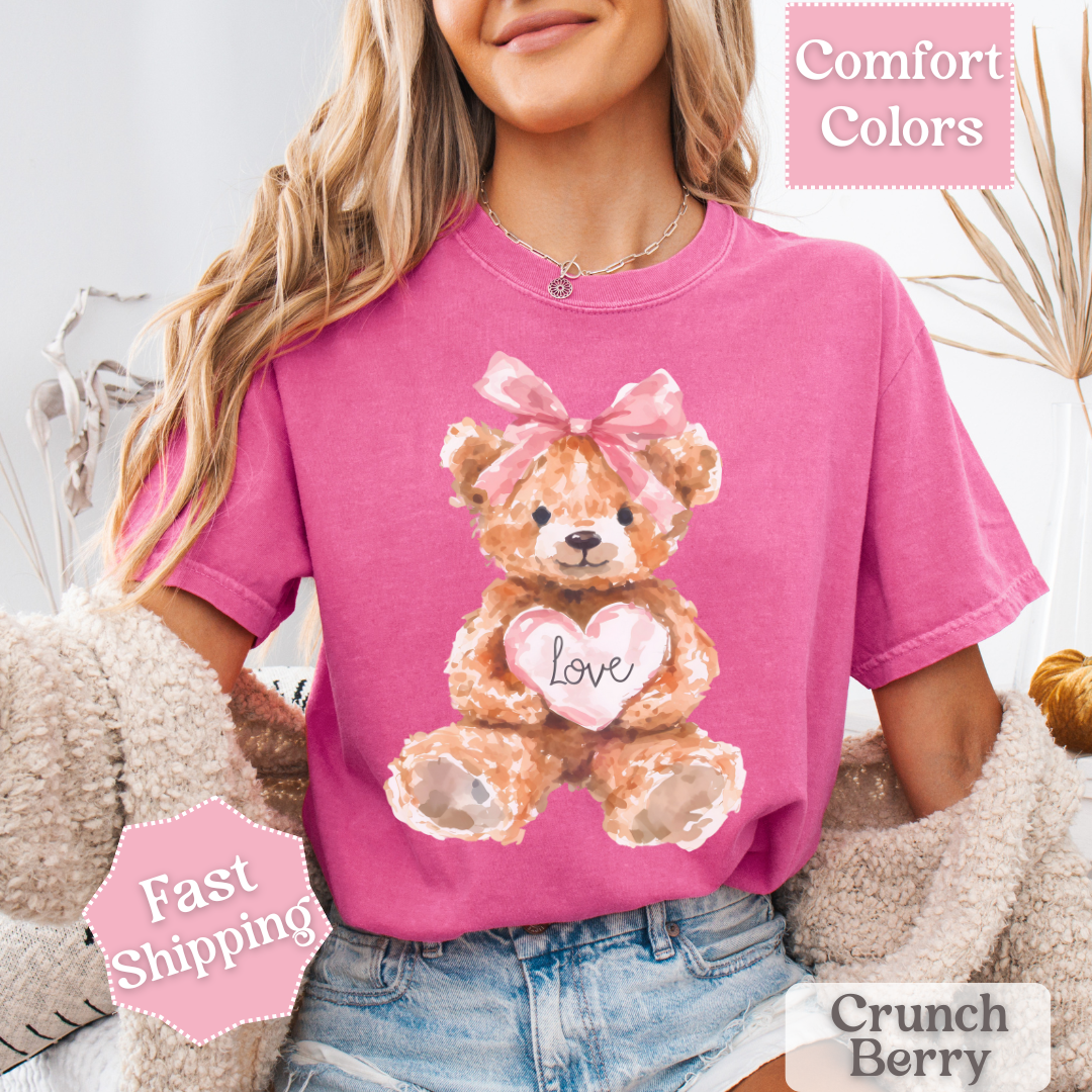 Adorable Teddy Bear T-Shirt with Coquette bow, Valentine&