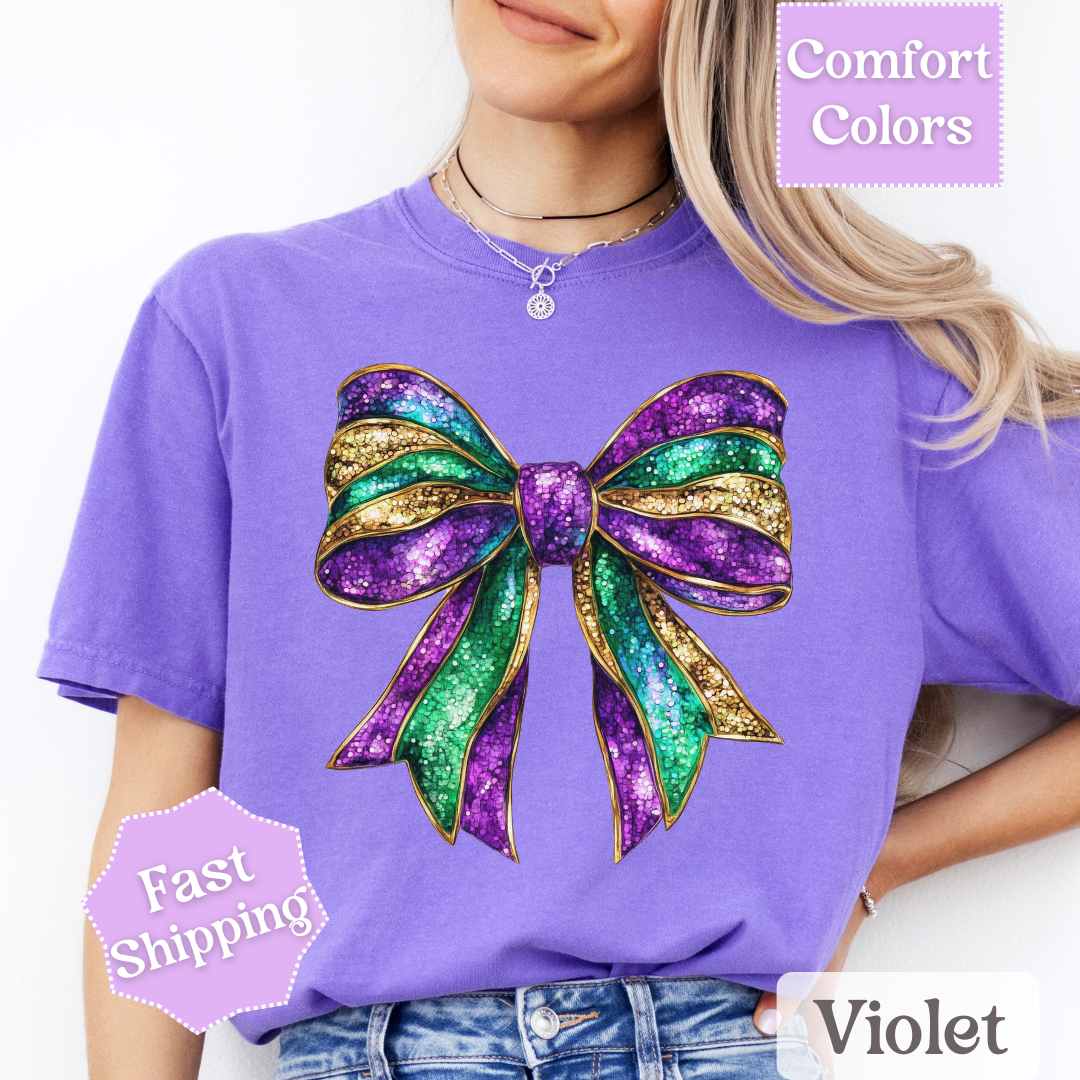Sparkly Mardi Gras T-Shirt, Coquette Bow Mardi Gras Tee, Fat Tuesday Women&