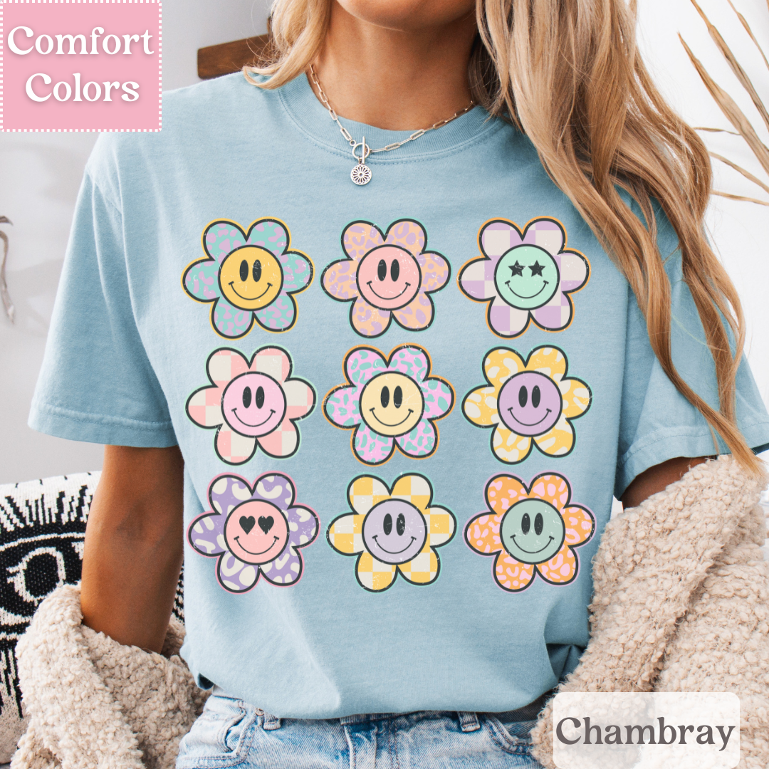 Smiley Face Tee with Daisies, Happy Face T-Shirt, Positive Smile Top