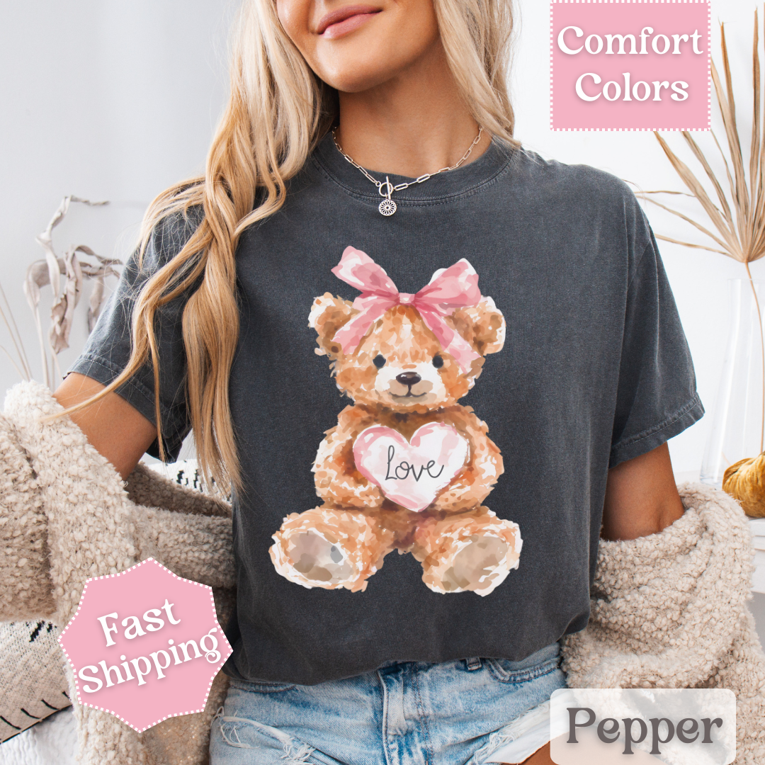 Adorable Teddy Bear T-Shirt with Coquette bow, Valentine&