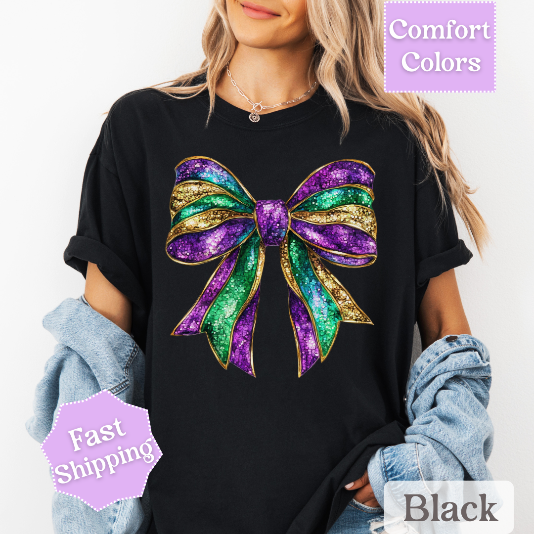 Sparkly Mardi Gras T-Shirt, Coquette Bow Mardi Gras Tee, Fat Tuesday Women&