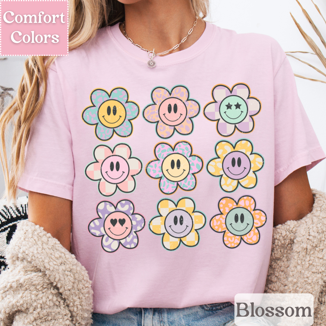 Smiley Face Tee with Daisies, Happy Face T-Shirt, Positive Smile Top