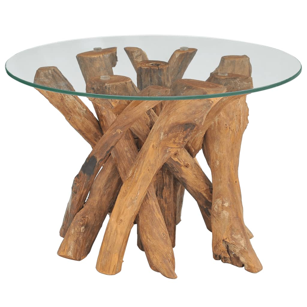 vidaXL Coffee Table Round End Table with Glass Tabletop Solid Teak Driftwood-1