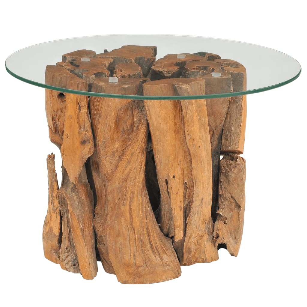 vidaXL Coffee Table Round End Table with Glass Tabletop Solid Teak Driftwood-0