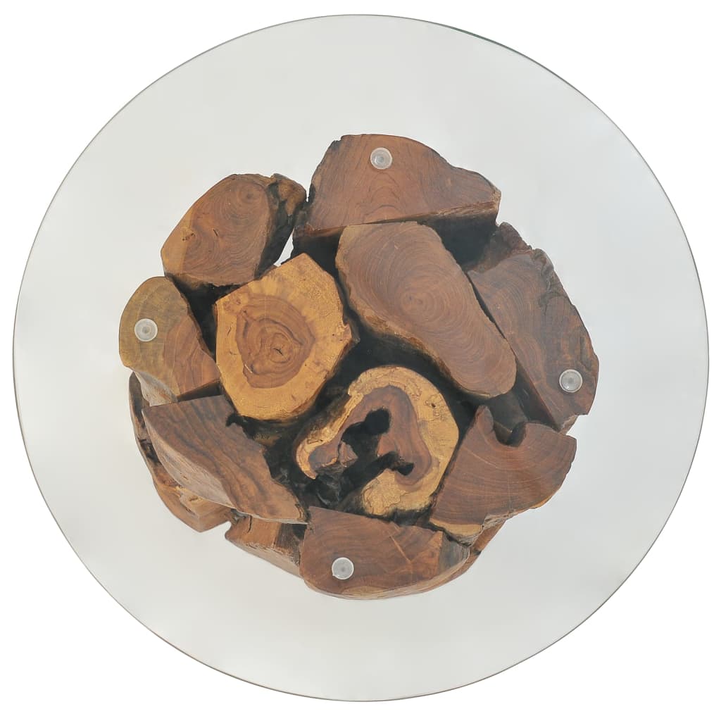 vidaXL Coffee Table Round End Table with Glass Tabletop Solid Teak Driftwood-2