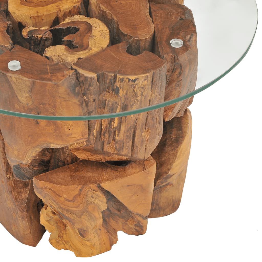 vidaXL Coffee Table Round End Table with Glass Tabletop Solid Teak Driftwood-4