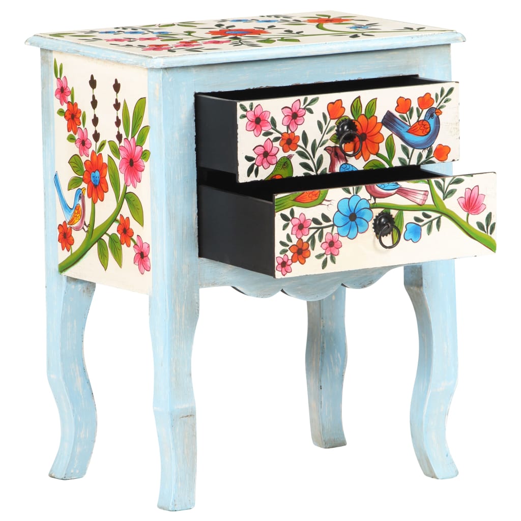 vidaXL Hand Painted Bedside Cabinet 15.7"x11.8"x19.7" Solid Mango Wood-3