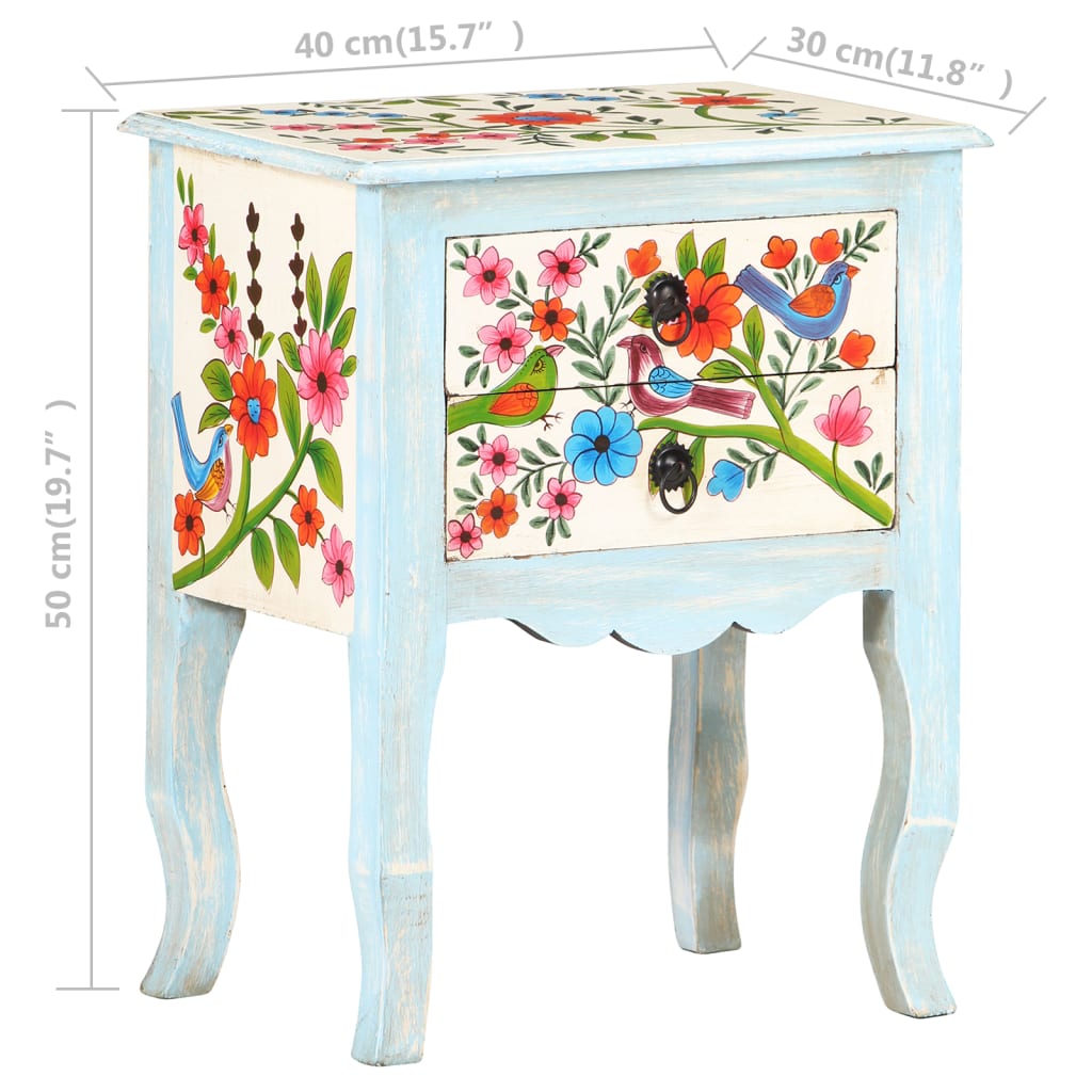 vidaXL Hand Painted Bedside Cabinet 15.7"x11.8"x19.7" Solid Mango Wood-7
