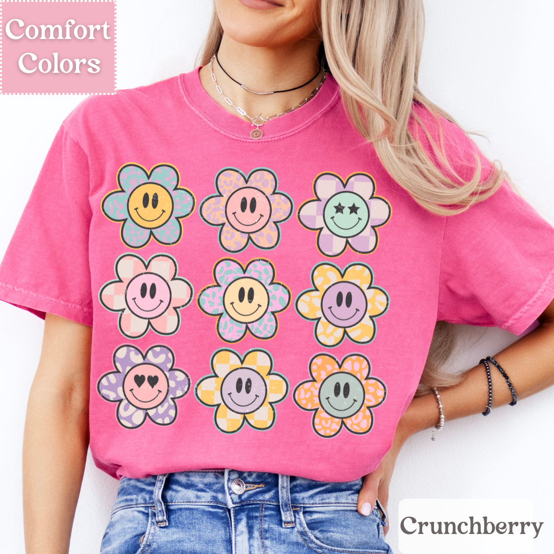 Smiley Face Tee with Daisies, Happy Face T-Shirt, Positive Smile Top