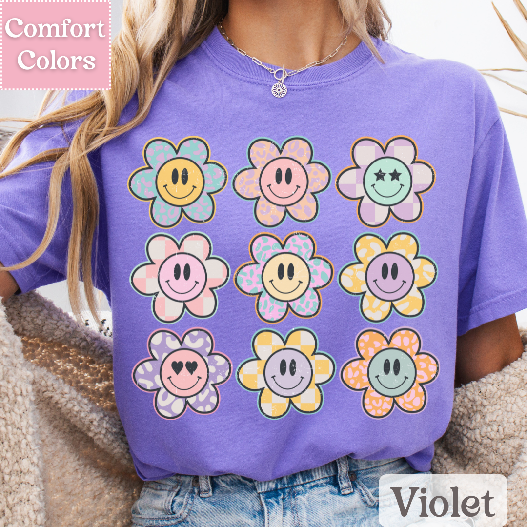 Smiley Face Tee with Daisies, Happy Face T-Shirt, Positive Smile Top