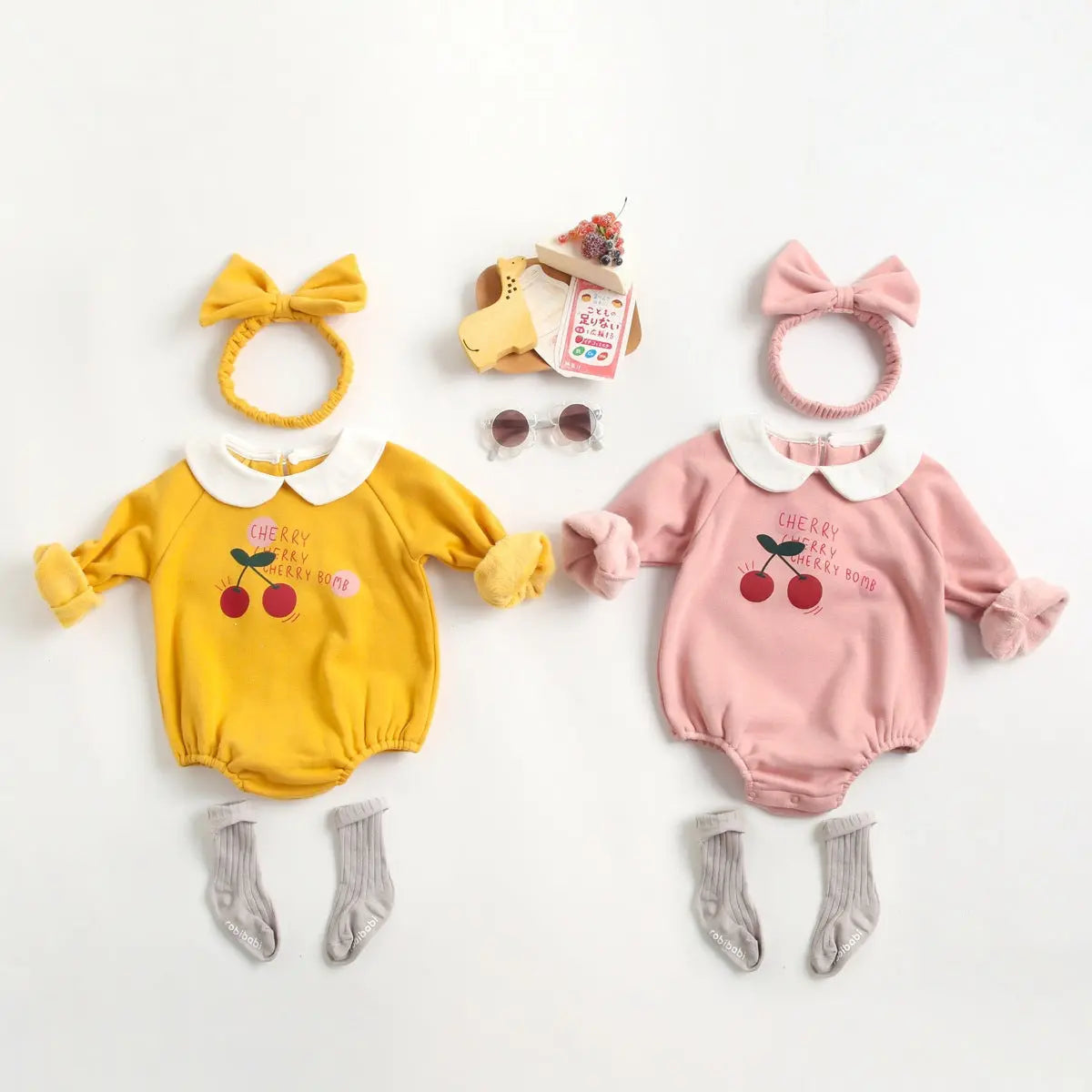 Baby Girl 1pcs Cherry & Slogan Pattern Doll Neck Longsleeve Onesies-0