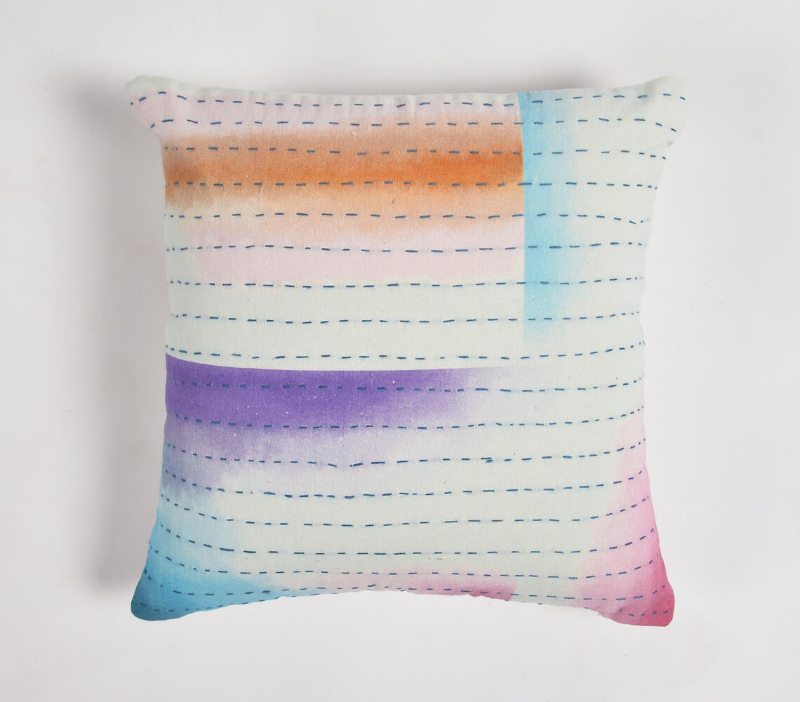 Splashy Watercolor Cotton Cushion Cover with Line Embroidery-0
