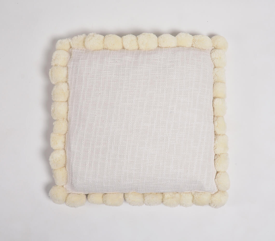 Solid Ivory Cotton Cushion Cover with Pom-Pom Border-0