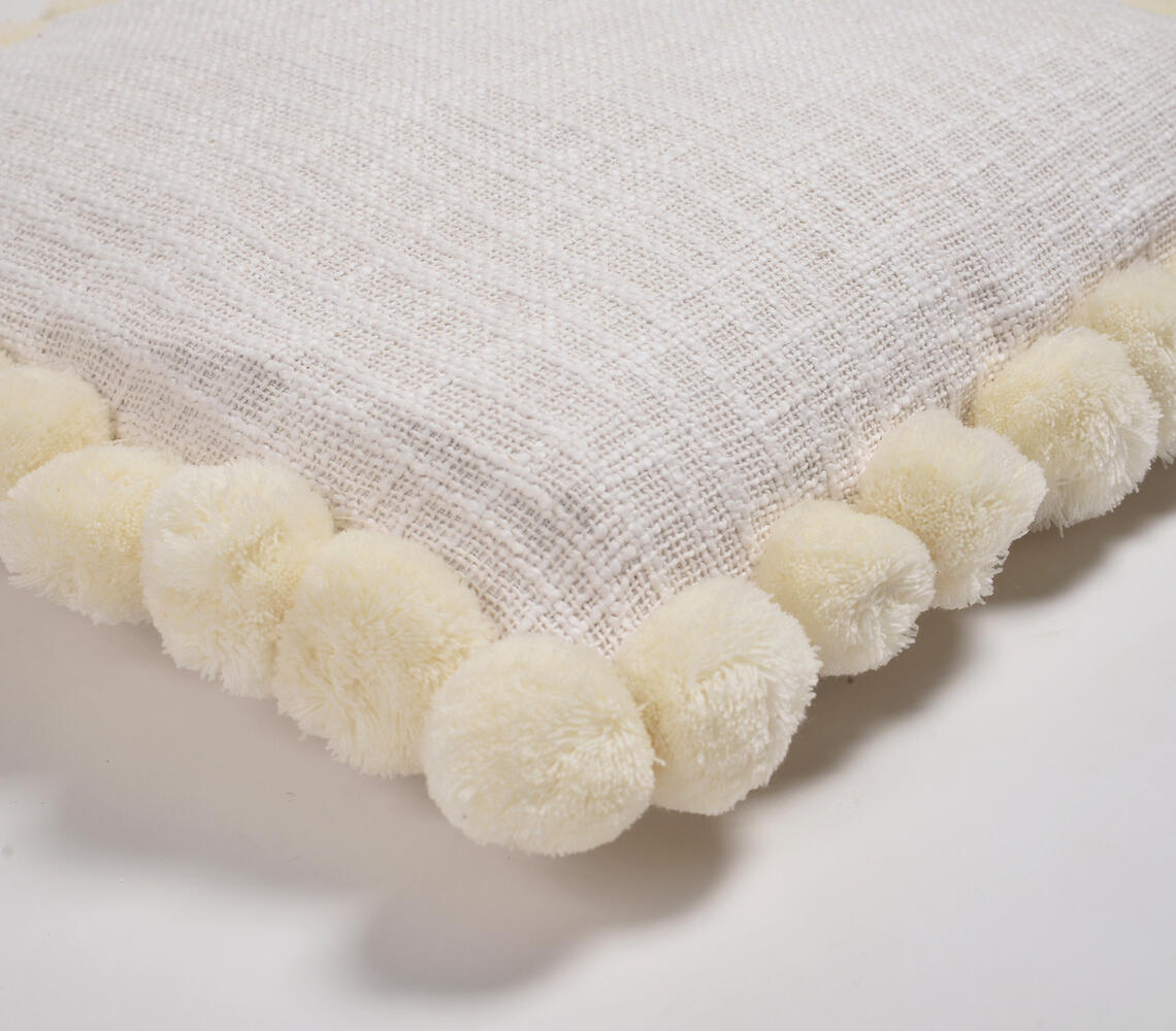 Solid Ivory Cotton Cushion Cover with Pom-Pom Border-1