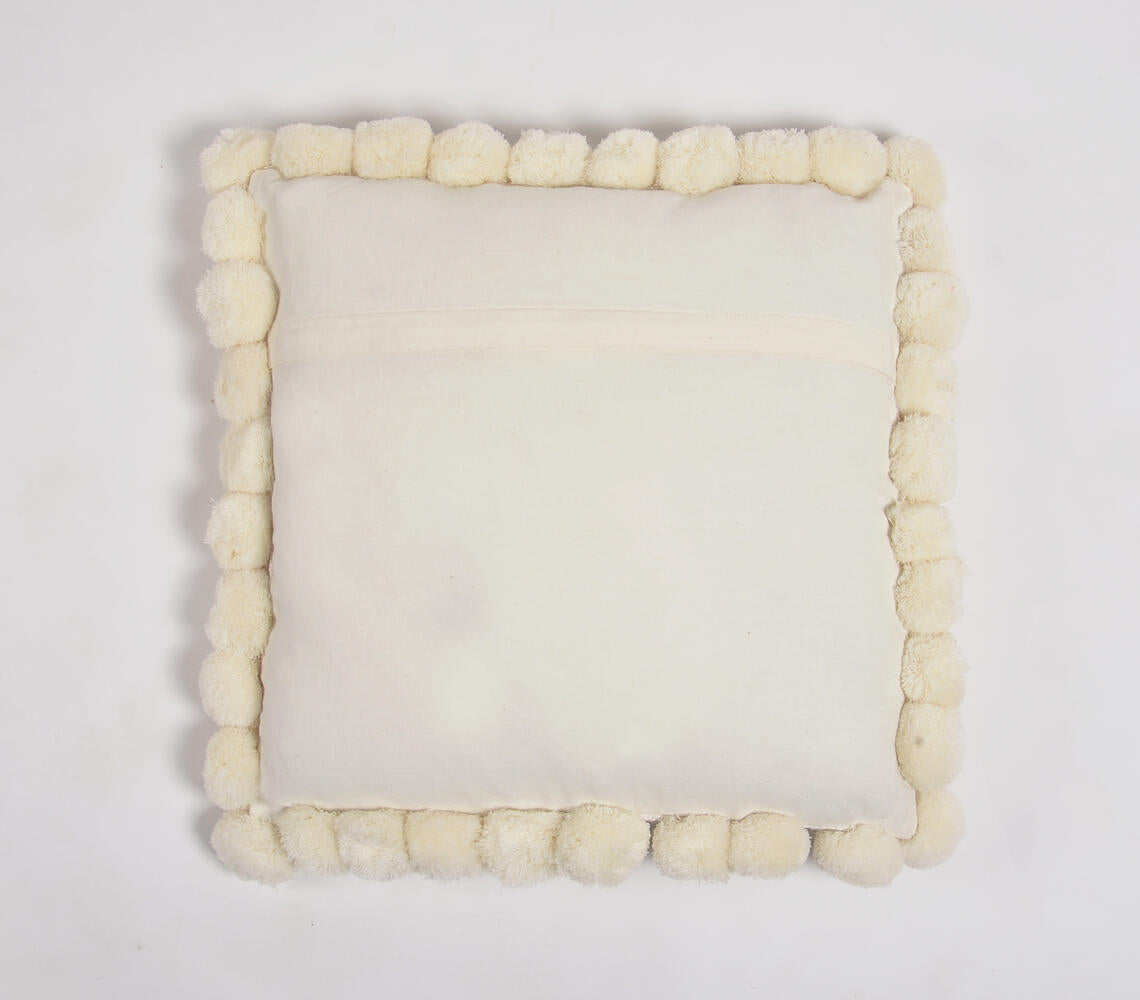 Solid Ivory Cotton Cushion Cover with Pom-Pom Border-2