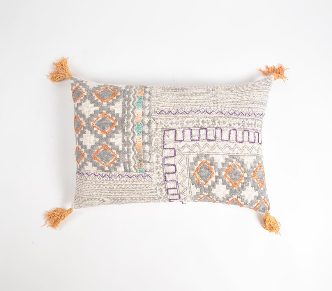 Block Printed & Embroidered Cotton Lumbar Tasseled Cushion Cover-0