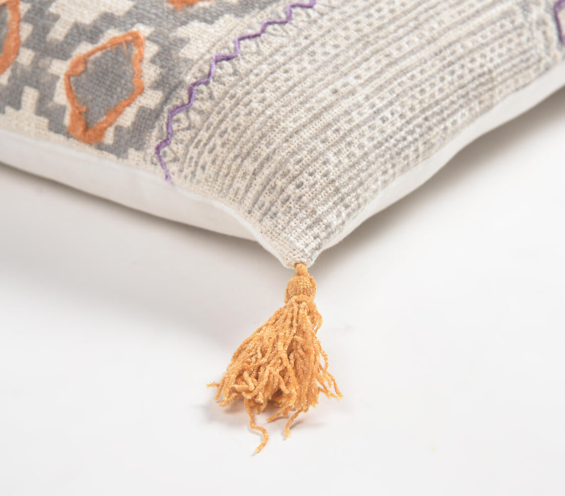 Block Printed & Embroidered Cotton Lumbar Tasseled Cushion Cover-1
