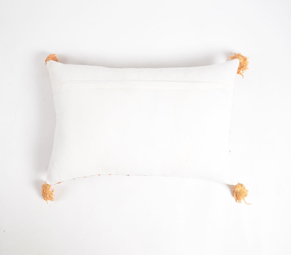 Block Printed & Embroidered Cotton Lumbar Tasseled Cushion Cover-2