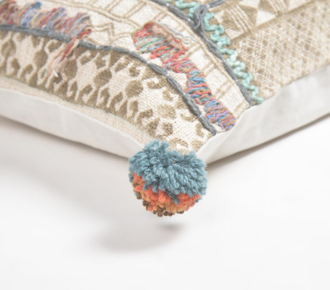 Block Printed & Embroidered Cotton Lumbar Cushion Cover with Pom-Poms-1