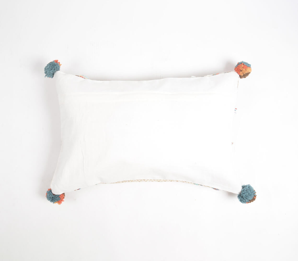 Block Printed & Embroidered Cotton Lumbar Cushion Cover with Pom-Poms-2