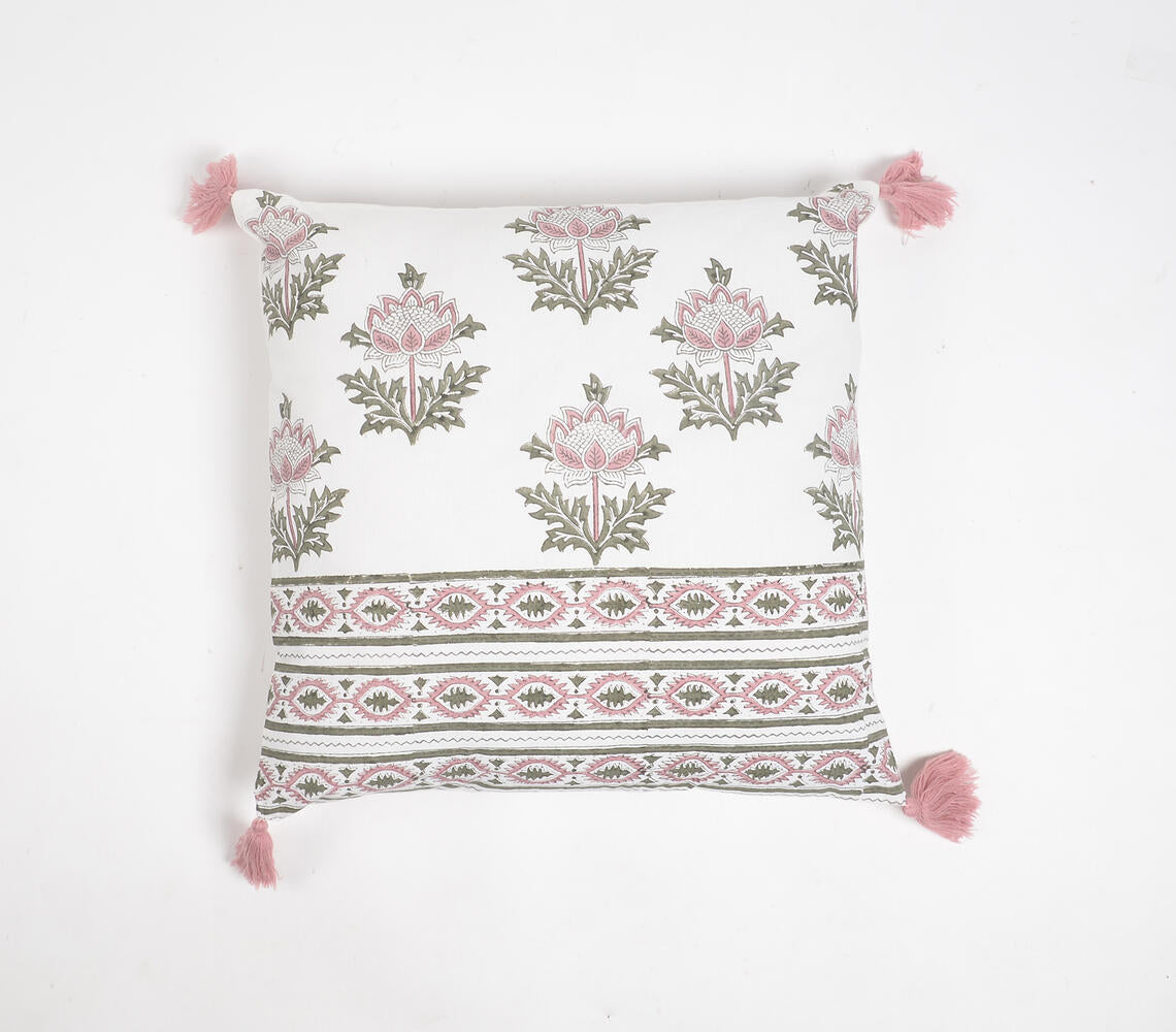 Striped & Floral Cotton Tasseled Cushion Cover-0