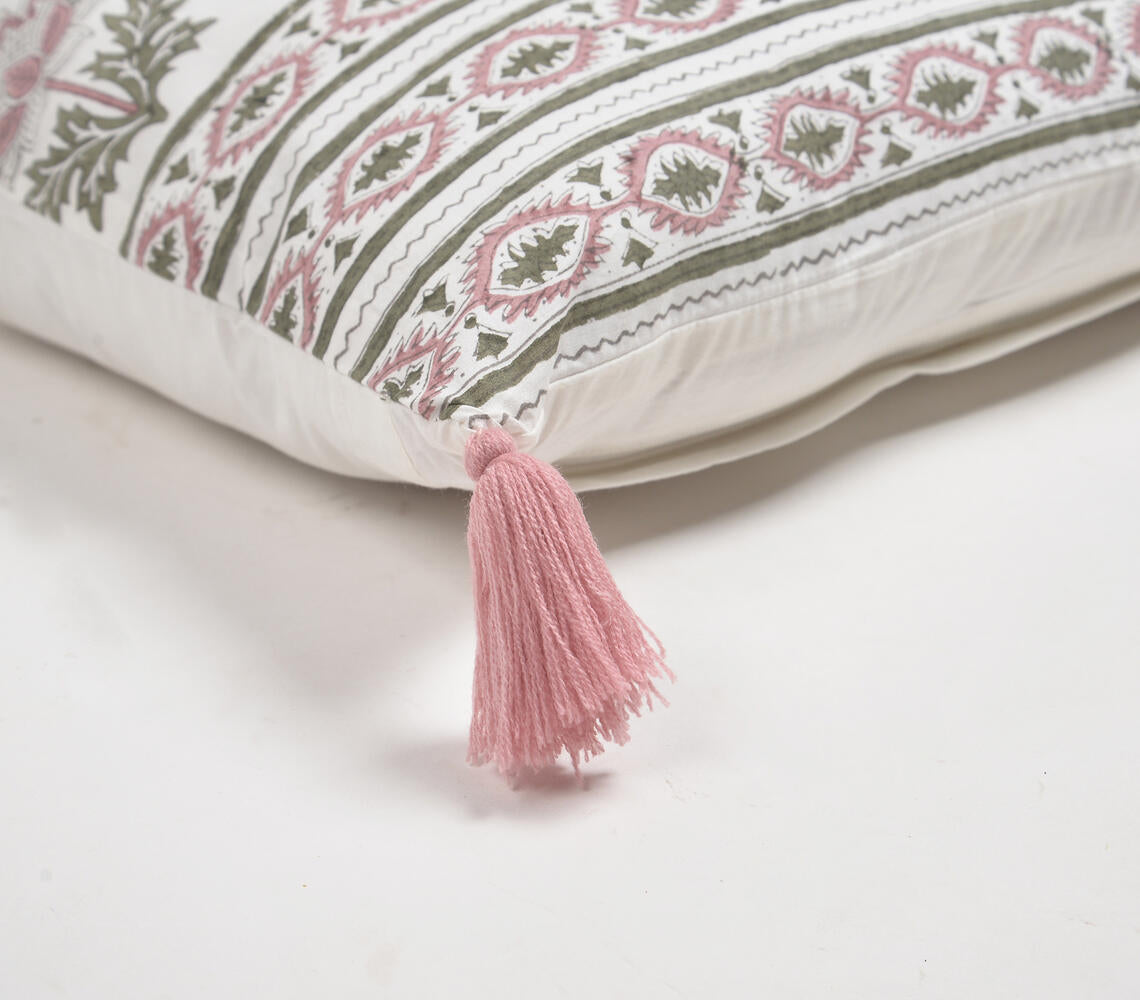 Striped & Floral Cotton Tasseled Cushion Cover-1