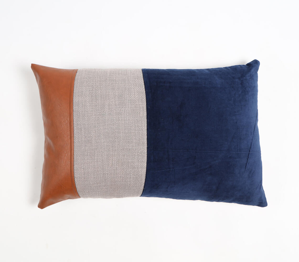 Hand Stitched Velvet & Leather Colorblock Lumbar Cushion Cover-0