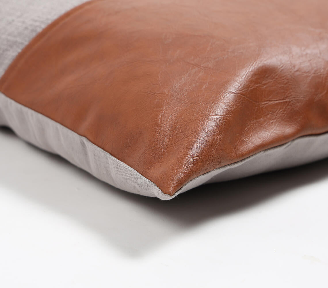 Hand Stitched Cotton & Leather Colorblock Cushion Cover-1