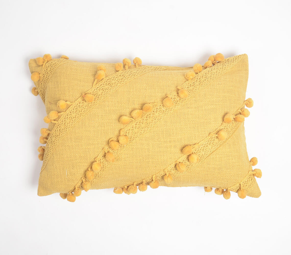 Pom-Pom & Lace Embellished Lumbar Cushion Cover-0
