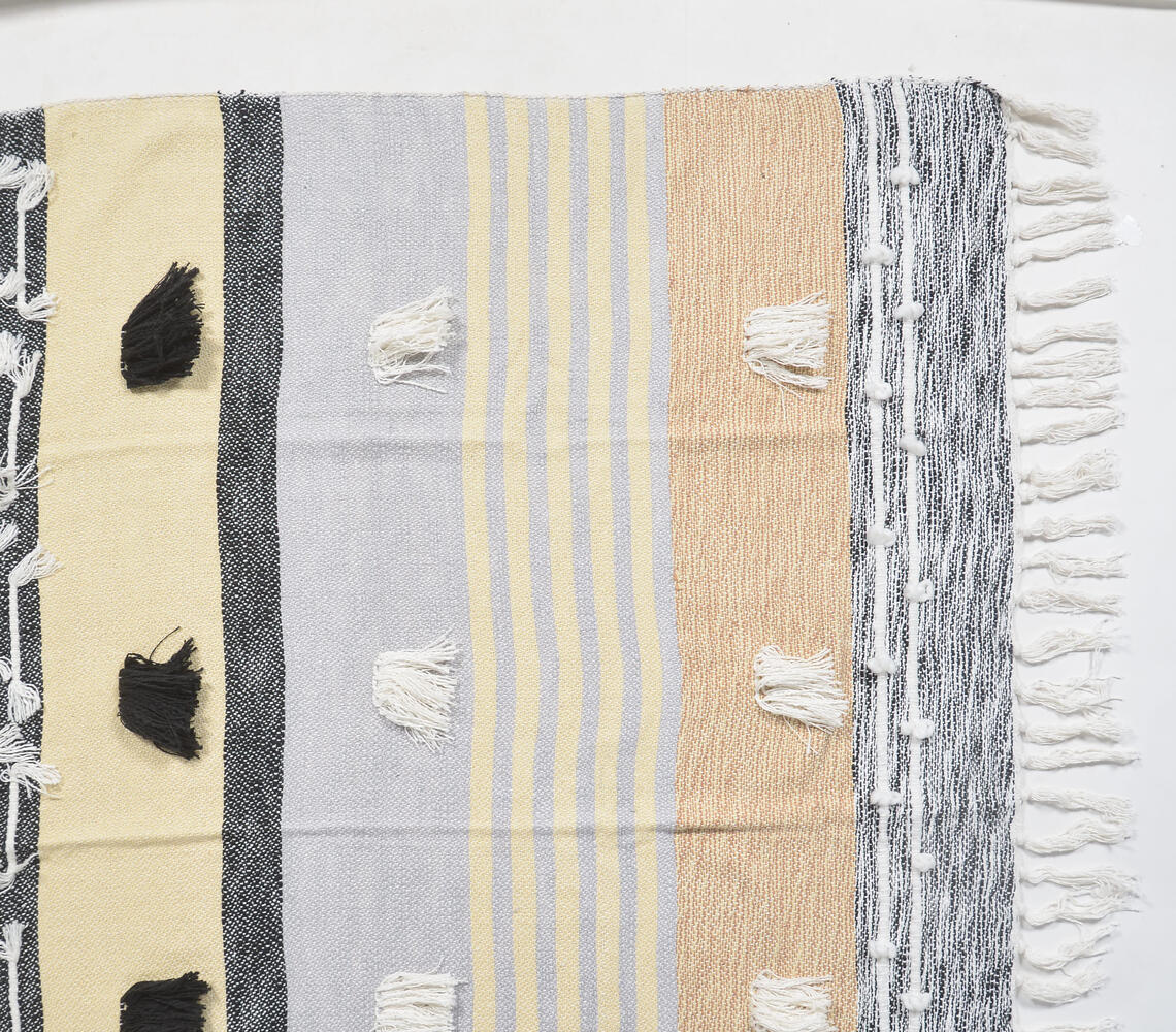 Statement Paneled Handloom Cotton & Wool Throw with Tassels-2
