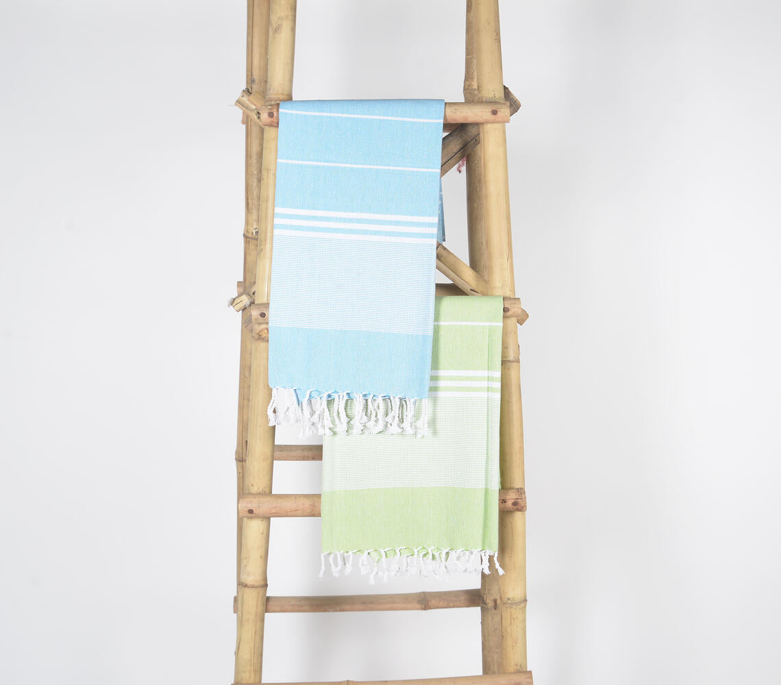 Handwoven Cotton striped Sky & Green Bath Towels (Set Of 2)-0