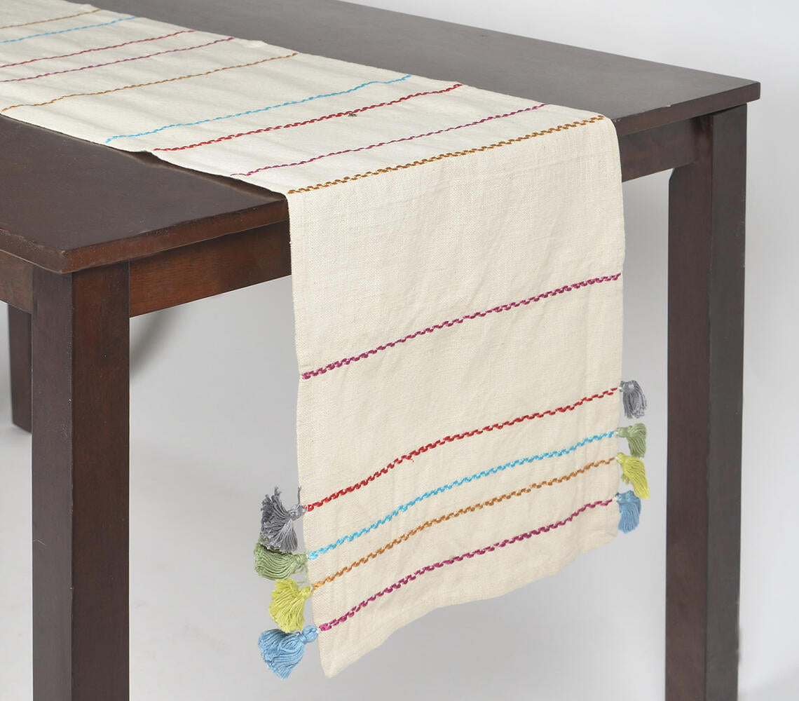Minimal Cotton Table Runner with Threadwork & Tassels-1